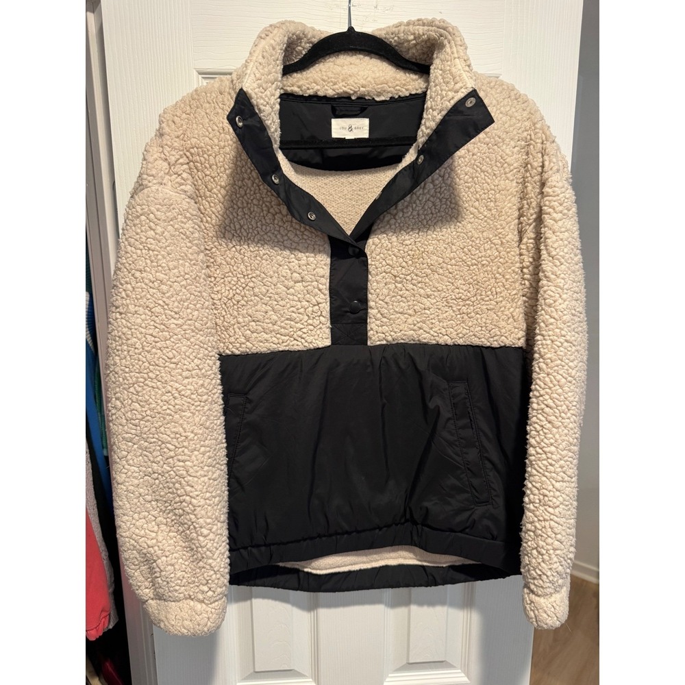 Lou & Grey Sherpa Fleece Mixed Media Snap Pullover Jacket Cream Black Medium